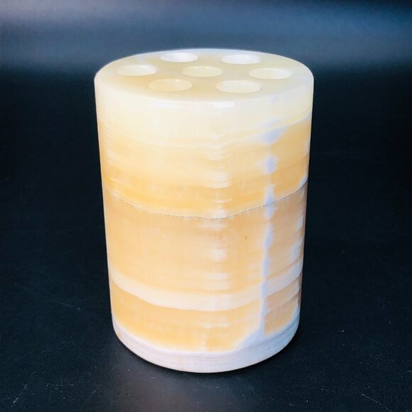 80s Cylindrical Natural Stone Pencil Holder Minimalist Onyx Desktop Organizer - Picture 2 of 10